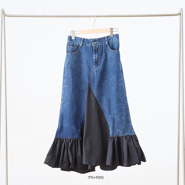 【M〜L】異素材切り替えデニムロングスカート|裾フレア・マーメイドライン・11903851