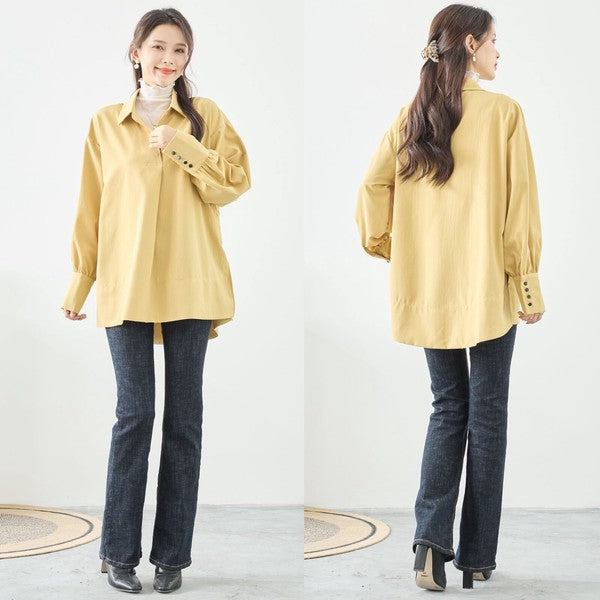 ブラウス チュニック スキッパー シボ ゆったり 体型カバー スリット 長袖 秋冬 L LL