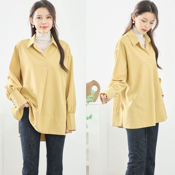 ブラウス チュニック スキッパー シボ ゆったり 体型カバー スリット 長袖 秋冬 L LL