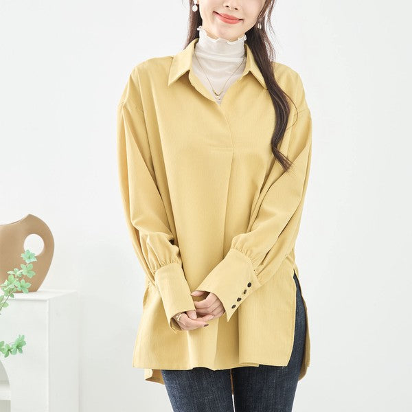 ブラウス チュニック スキッパー シボ ゆったり 体型カバー スリット 長袖 秋冬 L LL