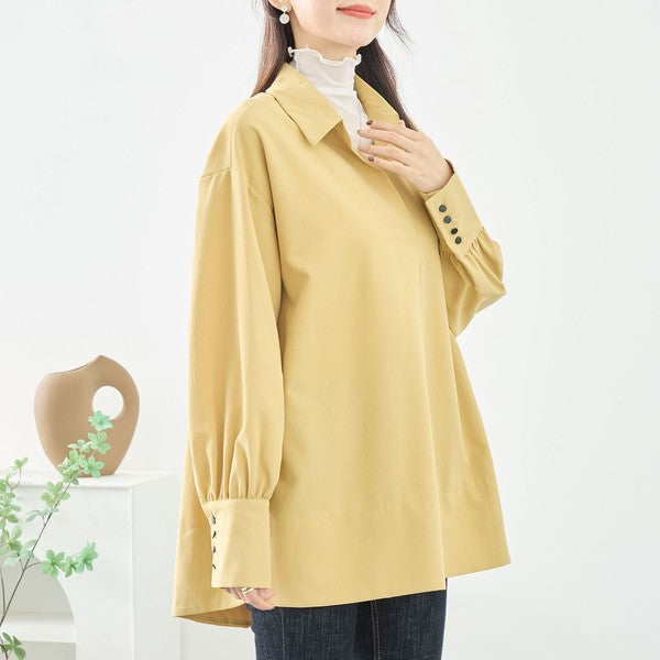 ブラウス チュニック スキッパー シボ ゆったり 体型カバー スリット 長袖 秋冬 L LL