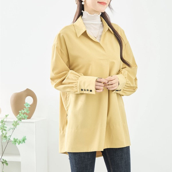 ブラウス チュニック スキッパー シボ ゆったり 体型カバー スリット 長袖 秋冬 L LL