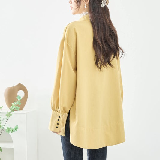 ブラウス チュニック スキッパー シボ ゆったり 体型カバー スリット 長袖 秋冬 L LL