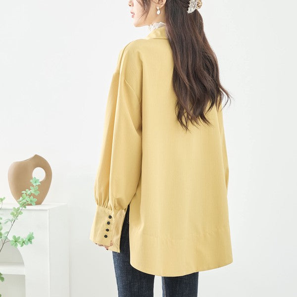 ブラウス チュニック スキッパー シボ ゆったり 体型カバー スリット 長袖 秋冬 L LL