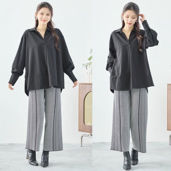 ブラウス チュニック スキッパー シボ ゆったり 体型カバー スリット 長袖 秋冬 L LL