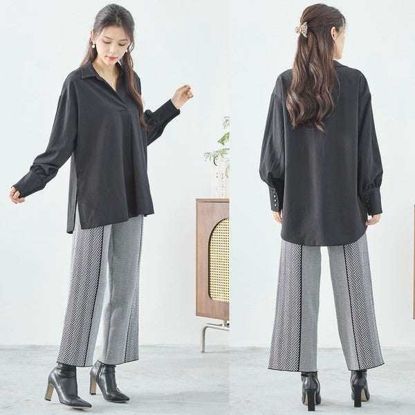 ブラウス チュニック スキッパー シボ ゆったり 体型カバー スリット 長袖 秋冬 L LL