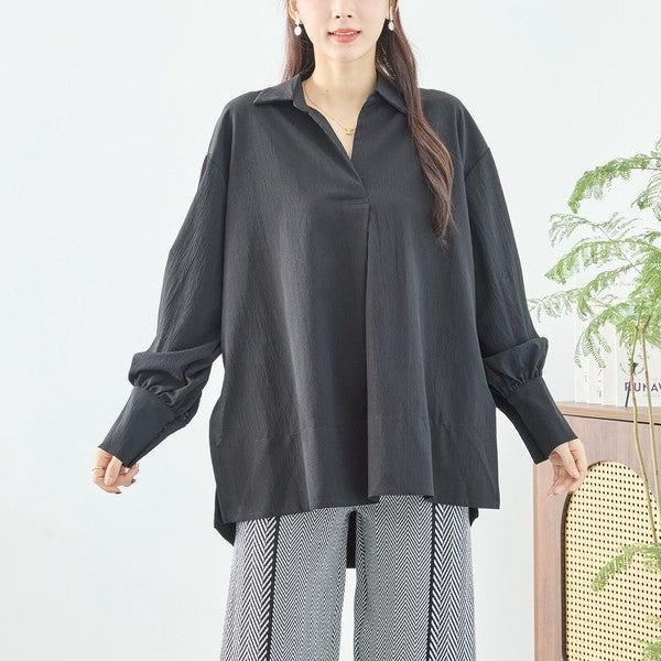 ブラウス チュニック スキッパー シボ ゆったり 体型カバー スリット 長袖 秋冬 L LL