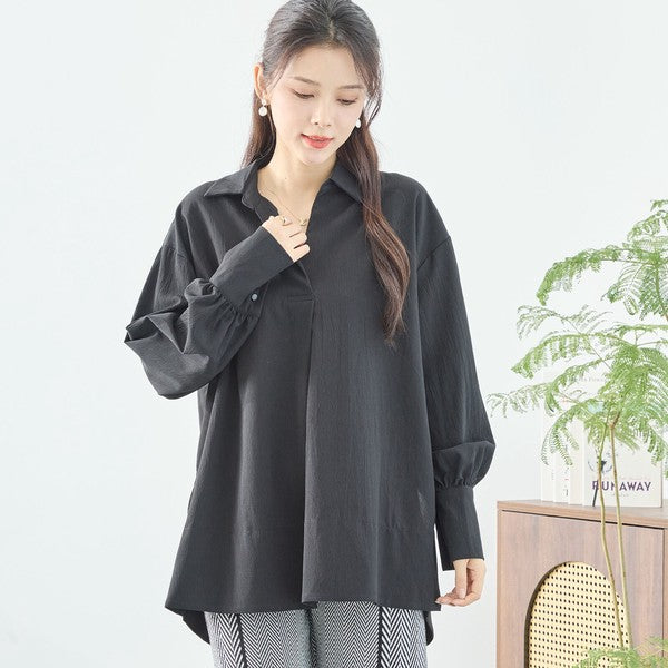 ブラウス チュニック スキッパー シボ ゆったり 体型カバー スリット 長袖 秋冬 L LL