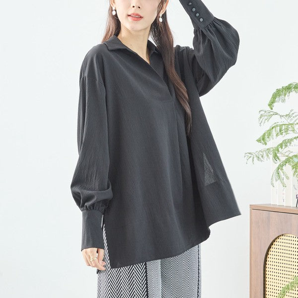 ブラウス チュニック スキッパー シボ ゆったり 体型カバー スリット 長袖 秋冬 L LL