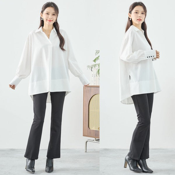 ブラウス チュニック スキッパー シボ ゆったり 体型カバー スリット 長袖 秋冬 L LL