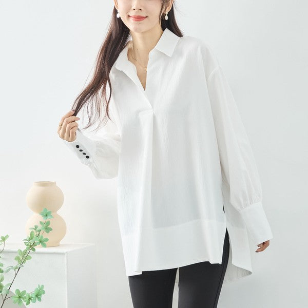 ブラウス チュニック スキッパー シボ ゆったり 体型カバー スリット 長袖 秋冬 L LL