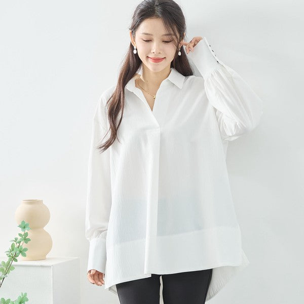 ブラウス チュニック スキッパー シボ ゆったり 体型カバー スリット 長袖 秋冬 L LL
