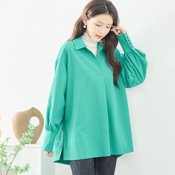 ブラウス チュニック スキッパー シボ ゆったり 体型カバー スリット 長袖 秋冬 L LL