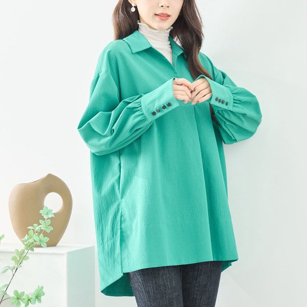 ブラウス チュニック スキッパー シボ ゆったり 体型カバー スリット 長袖 秋冬 L LL