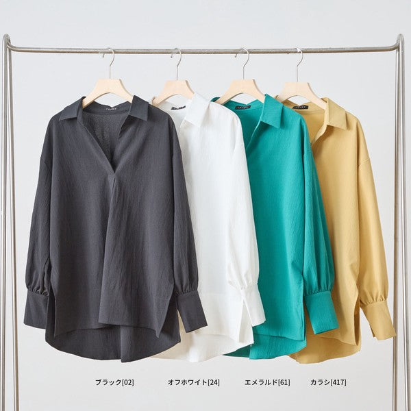 ブラウス チュニック スキッパー シボ ゆったり 体型カバー スリット 長袖 秋冬 L LL