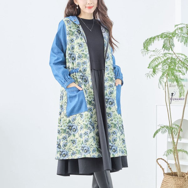 【M〜L】ゴブラン調 デニム 切替 デザイン ファスナー コート (C02-265/C02-266)