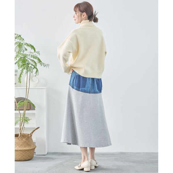 【M〜L】サイド切替 デニム ロング スカート (C34-458)