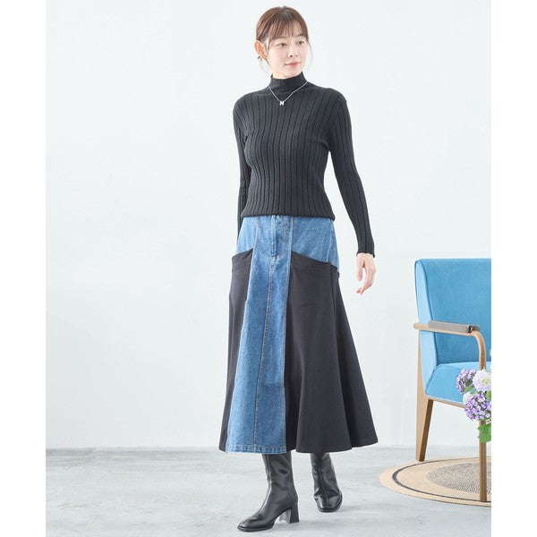 【M〜L】サイド切替 デニム ロング スカート (C34-458)