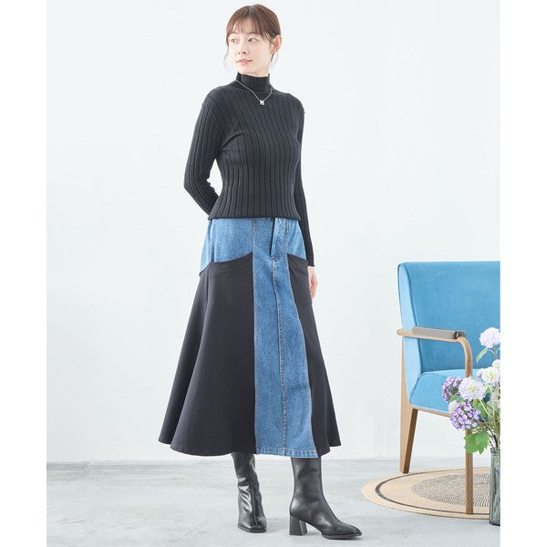 【M〜L】サイド切替 デニム ロング スカート (C34-458)
