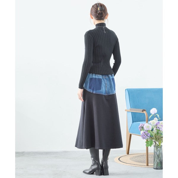 【M〜L】サイド切替 デニム ロング スカート (C34-458)