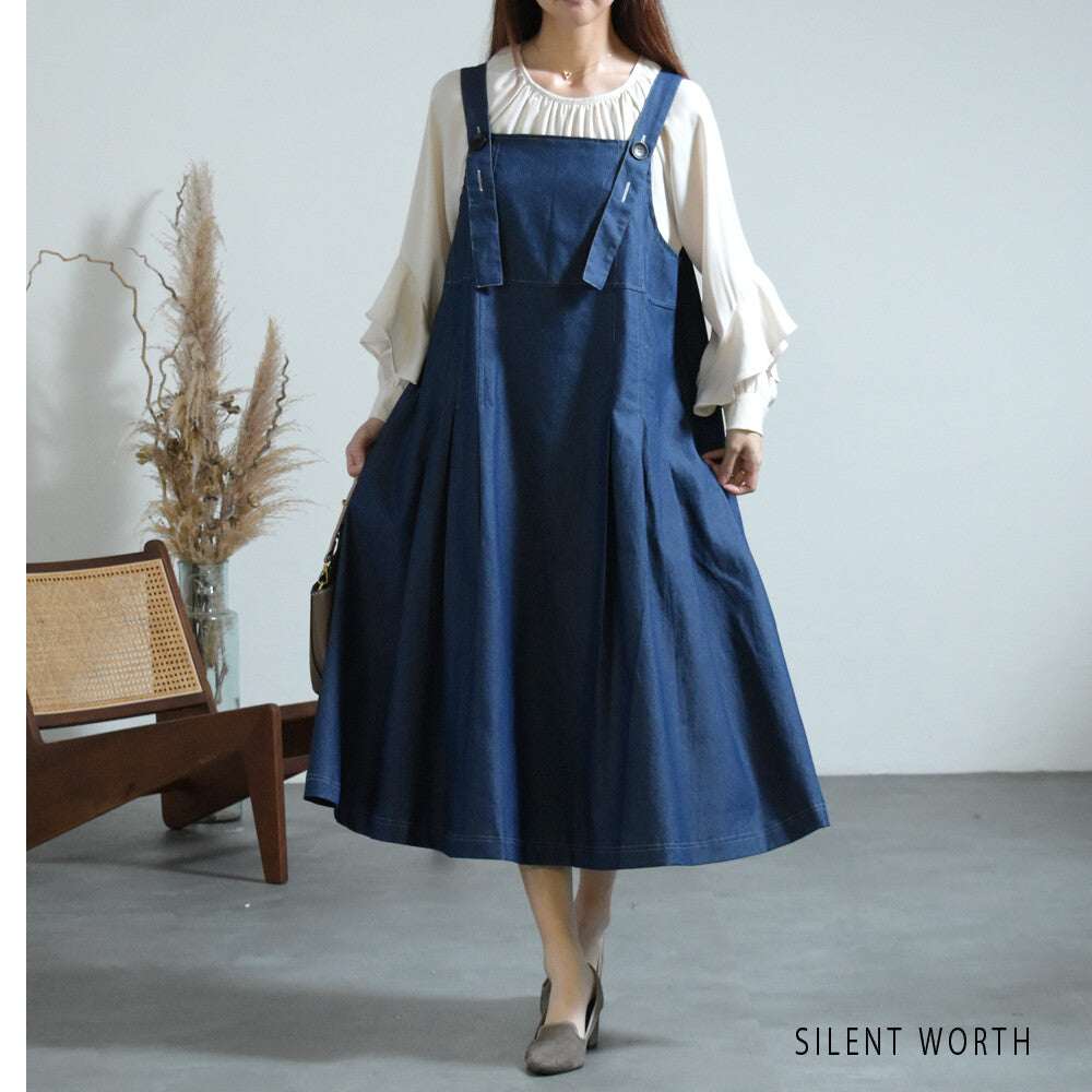 【12042772|Fサイズ】Silent Worth|配色ステッチ デニムジャンスカ|ロング丈・秋ワンピース