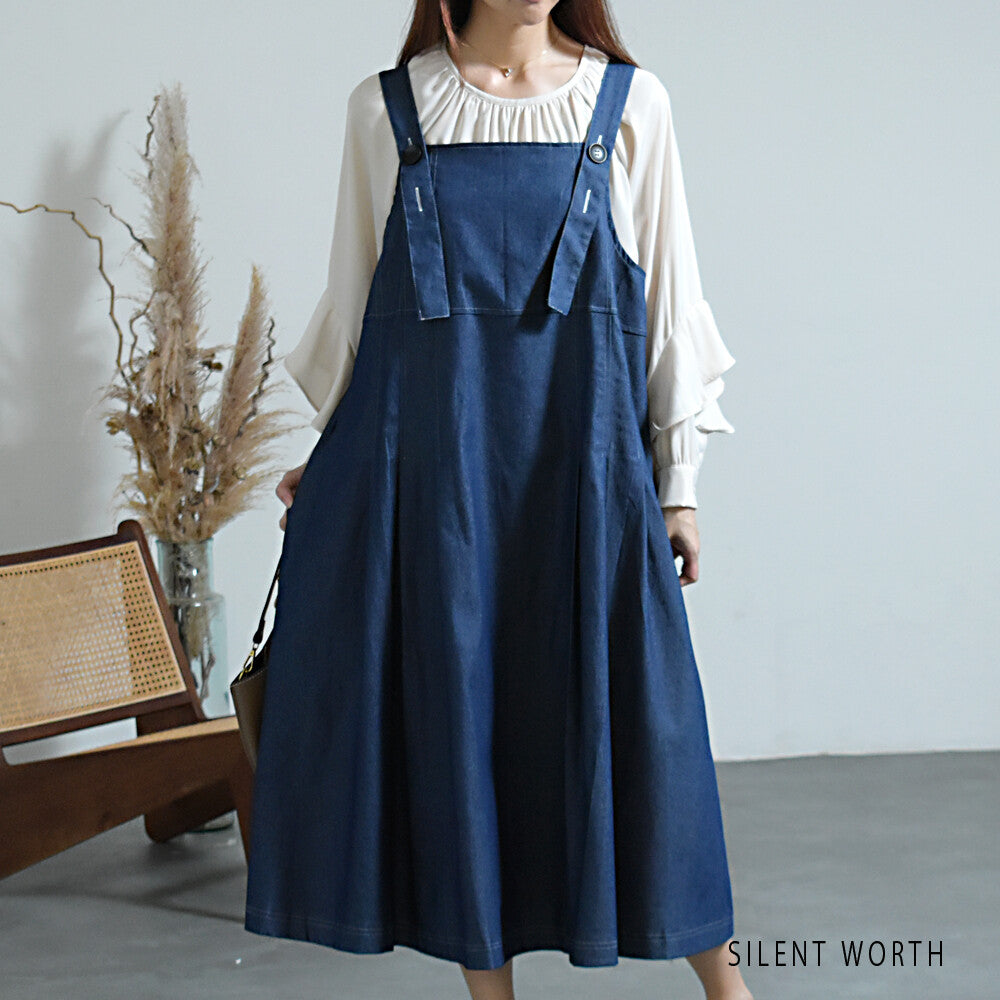 【12042772|Fサイズ】Silent Worth|配色ステッチ デニムジャンスカ|ロング丈・秋ワンピース