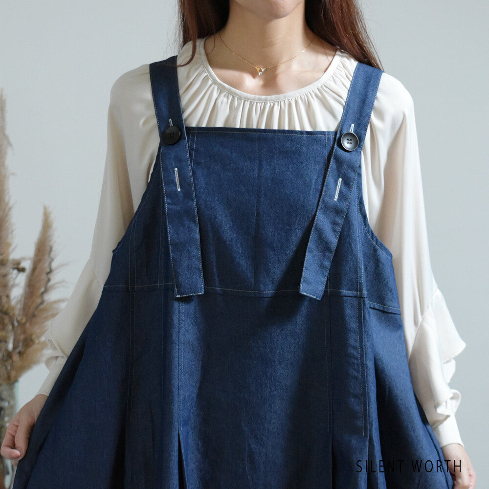 【12042772|Fサイズ】Silent Worth|配色ステッチ デニムジャンスカ|ロング丈・秋ワンピース