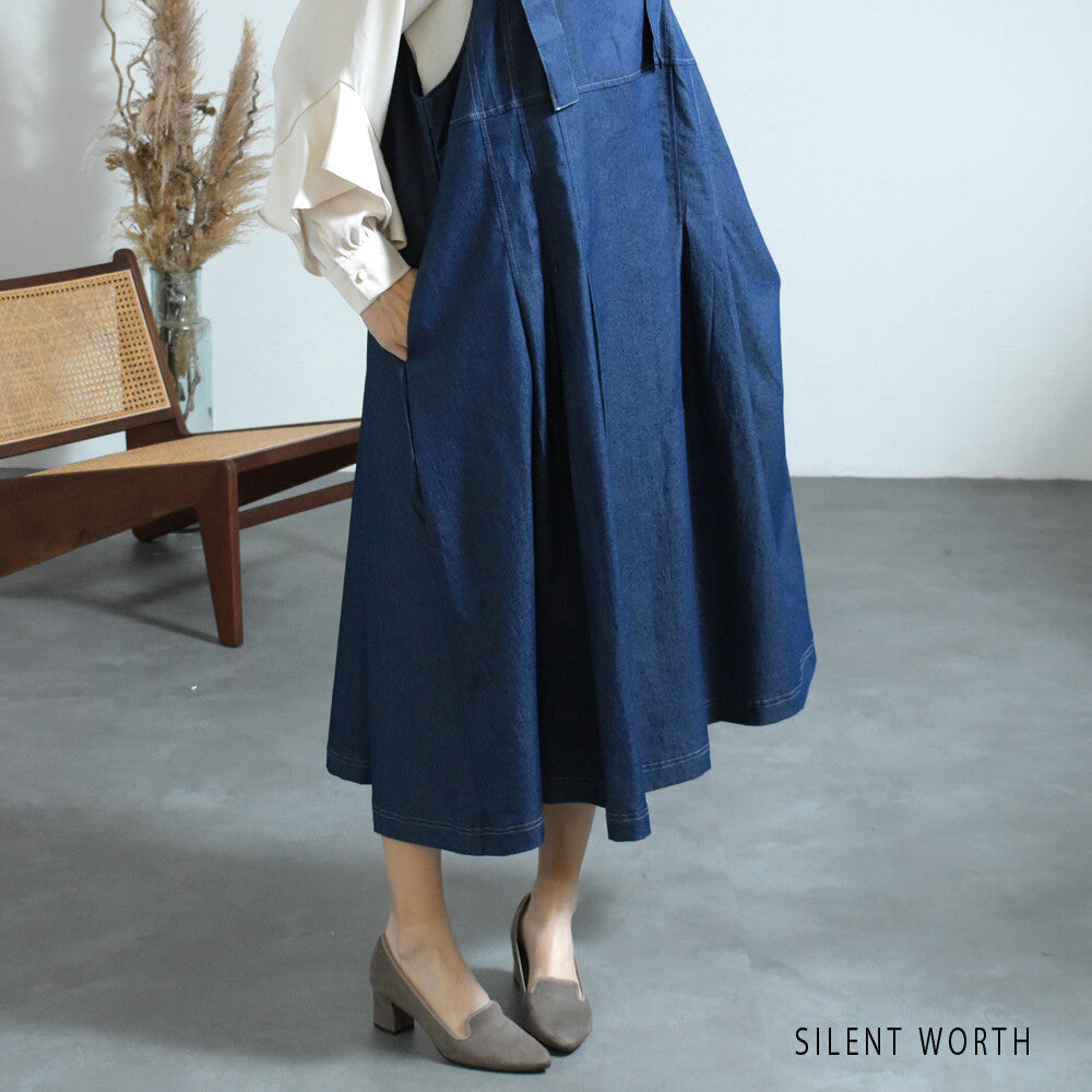 【12042772|Fサイズ】Silent Worth|配色ステッチ デニムジャンスカ|ロング丈・秋ワンピース