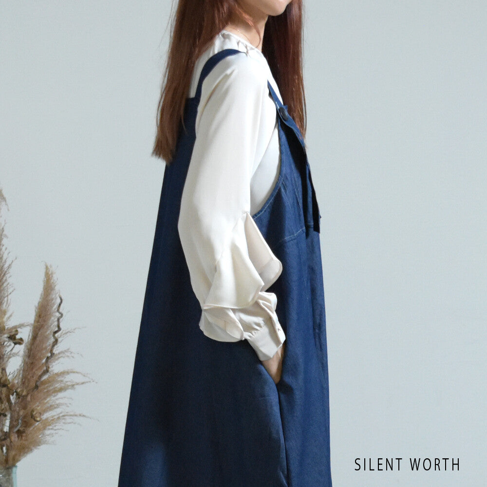 【12042772|Fサイズ】Silent Worth|配色ステッチ デニムジャンスカ|ロング丈・秋ワンピース