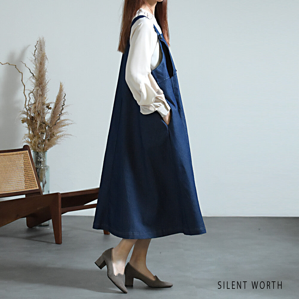 【12042772|Fサイズ】Silent Worth|配色ステッチ デニムジャンスカ|ロング丈・秋ワンピース