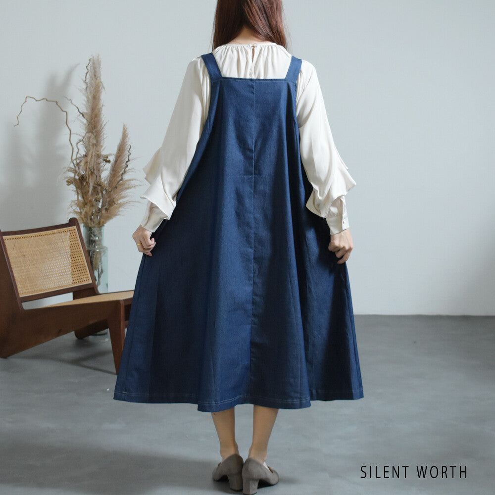 【12042772|Fサイズ】Silent Worth|配色ステッチ デニムジャンスカ|ロング丈・秋ワンピース