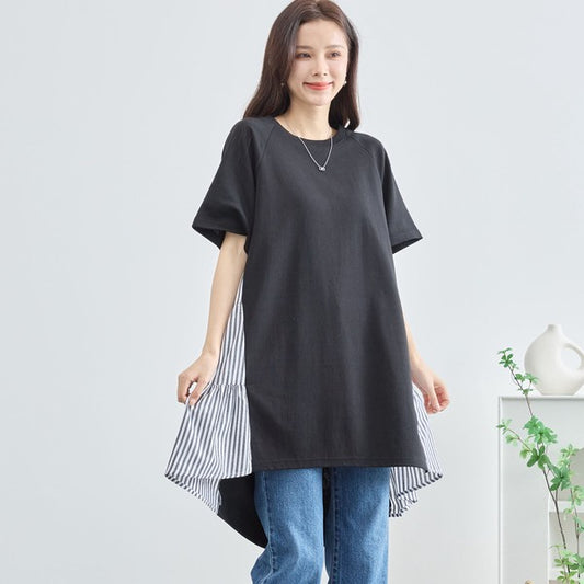 M~L チュニック サイドストライプ切替 チュニック レディース カットソー 半袖 オシャレ きれいめ 夏