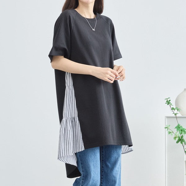 M~L チュニック サイドストライプ切替 チュニック レディース カットソー 半袖 オシャレ きれいめ 夏