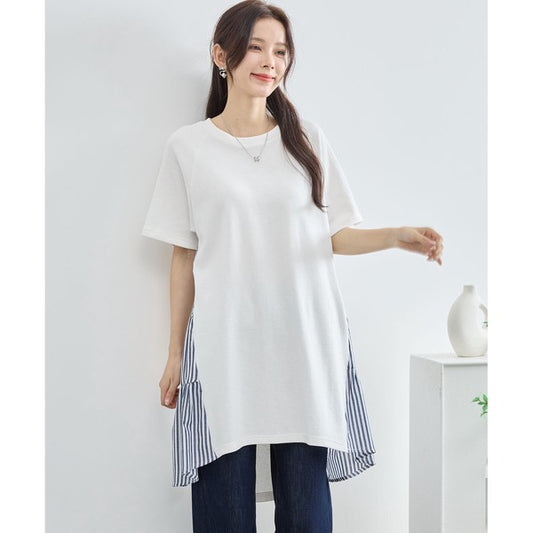 M~L チュニック サイドストライプ切替 チュニック レディース カットソー 半袖 オシャレ きれいめ 夏
