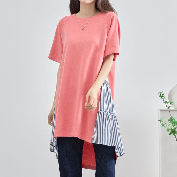 M~L チュニック サイドストライプ切替 チュニック レディース カットソー 半袖 オシャレ きれいめ 夏