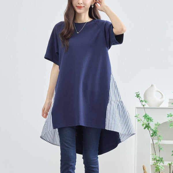 M~L チュニック サイドストライプ切替 チュニック レディース カットソー 半袖 オシャレ きれいめ 夏