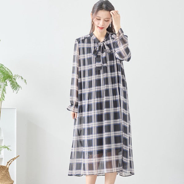 【M〜L】シフォン ボウタイ チェック柄 ワンピース(C38-1017)