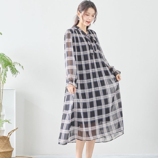 【M〜L】シフォン ボウタイ チェック柄 ワンピース(C38-1017)