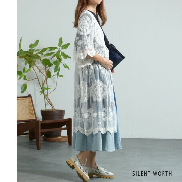 【M】綿混 チュール刺繍レース カーディガン SILENT WORTH|シアー 上品 体型カバー 羽織り 夏 N-2736