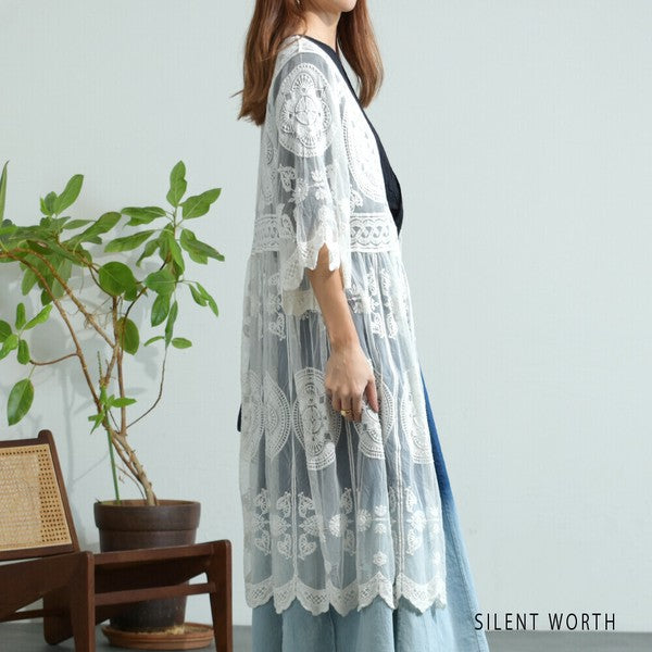 【M】綿混 チュール刺繍レース カーディガン SILENT WORTH|シアー 上品 体型カバー 羽織り 夏 N-2736