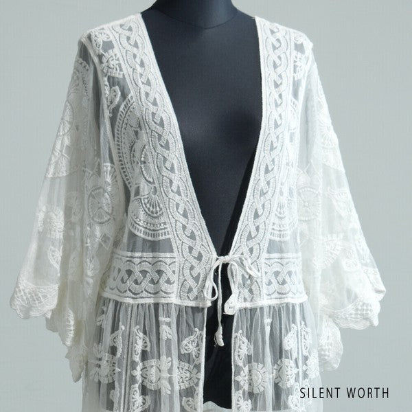 【M】綿混 チュール刺繍レース カーディガン SILENT WORTH|シアー 上品 体型カバー 羽織り 夏 N-2736