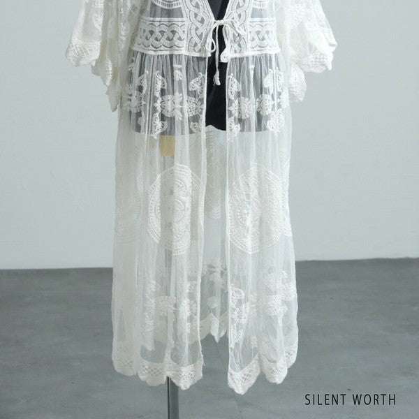 【M】綿混 チュール刺繍レース カーディガン SILENT WORTH|シアー 上品 体型カバー 羽織り 夏 N-2736