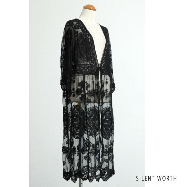 【M】綿混 チュール刺繍レース カーディガン SILENT WORTH|シアー 上品 体型カバー 羽織り 夏 N-2736