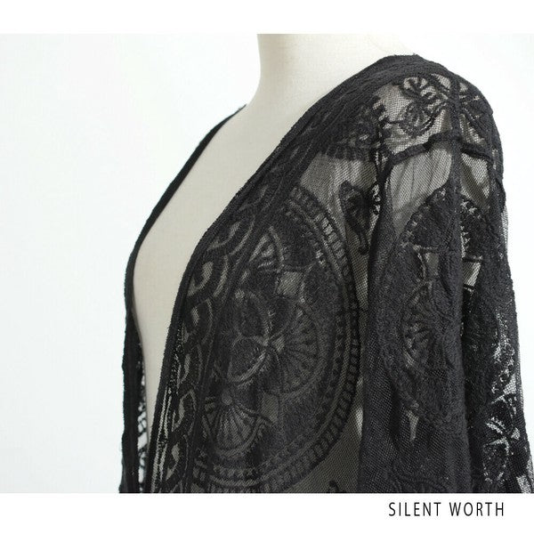 【M】綿混 チュール刺繍レース カーディガン SILENT WORTH|シアー 上品 体型カバー 羽織り 夏 N-2736