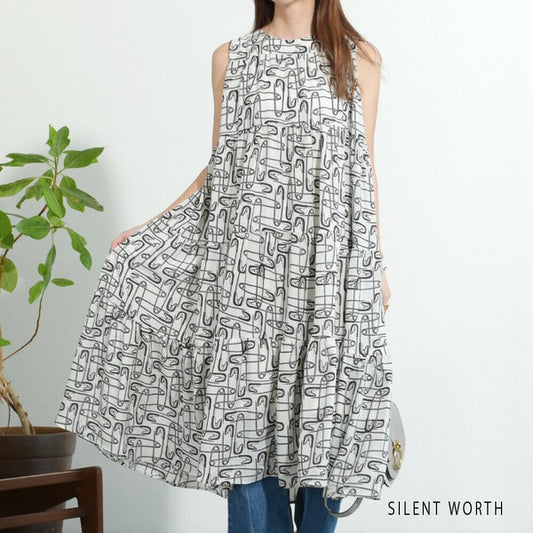 【Mサイズ】総柄ティアードノースリーブワンピース|安全ピン柄・夏・C-3022