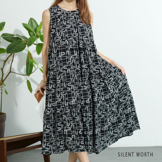 【Mサイズ】総柄ティアードノースリーブワンピース|安全ピン柄・夏・C-3022