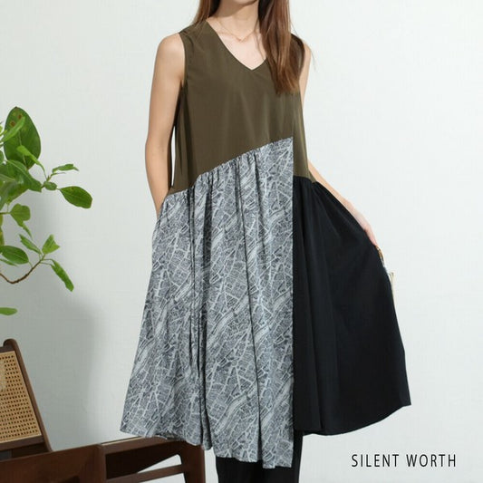【M】異素材アシメ切替ジャンスカ|Vネック ギャザー 夏コーデ SILENT WORTH C-3060