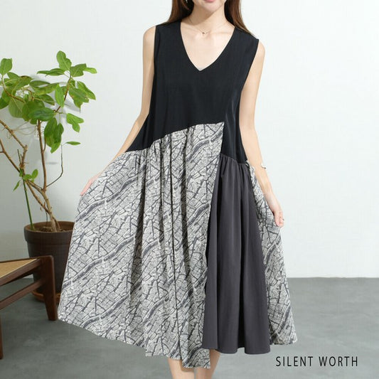 【M】異素材アシメ切替ジャンスカ|Vネック ギャザー 夏コーデ SILENT WORTH C-3060
