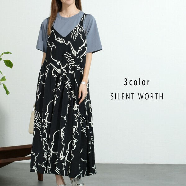 【M】総柄アシメキャミワンピース|華奢見え ギャザー切替 ペイント柄 SILENT WORTH N-2823