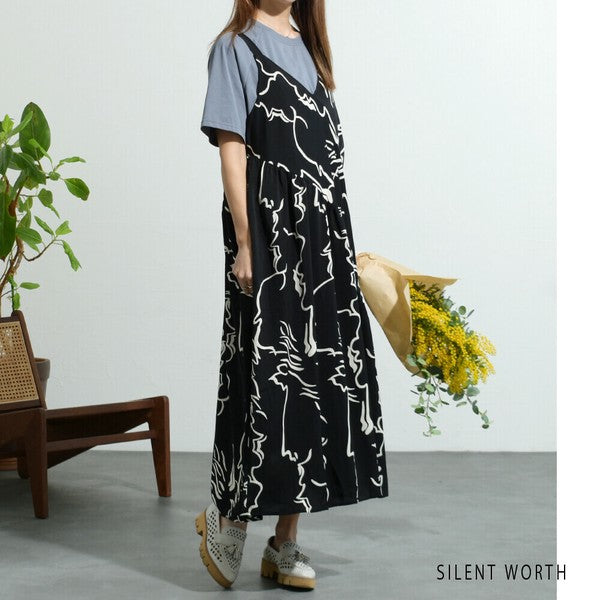 【M】総柄アシメキャミワンピース|華奢見え ギャザー切替 ペイント柄 SILENT WORTH N-2823
